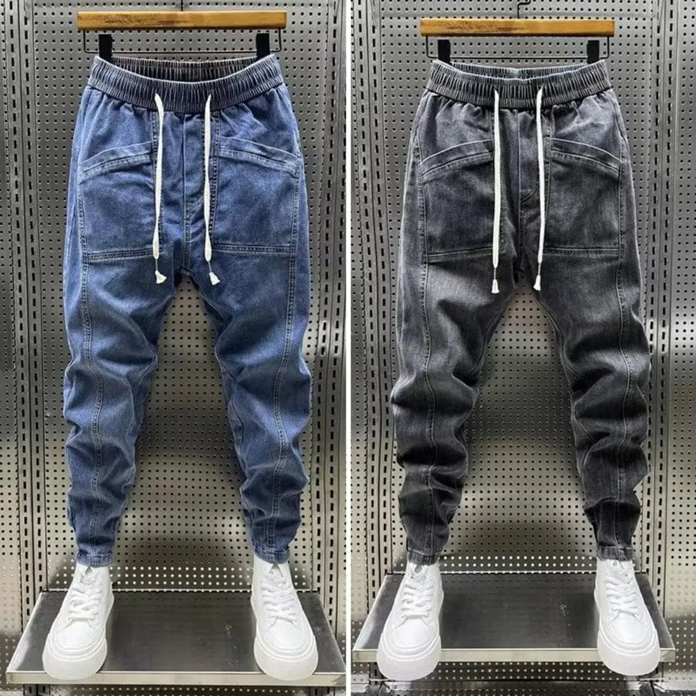  Showlu Fashion Store Elastic Waist Jeans Men's Elastic Drawstring Waist Denim Cargo Pants With Pockets Solid Color Harem Trousers For Spring Autumn