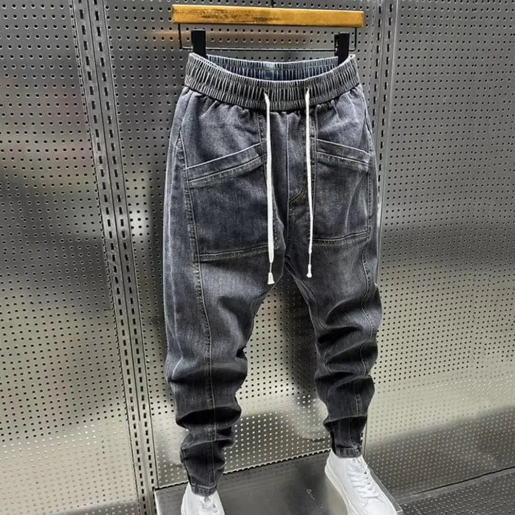  Showlu Fashion Store Elastic Waist Jeans Men's Elastic Drawstring Waist Denim Cargo Pants With Pockets Solid Color Harem Trousers For Spring Autumn