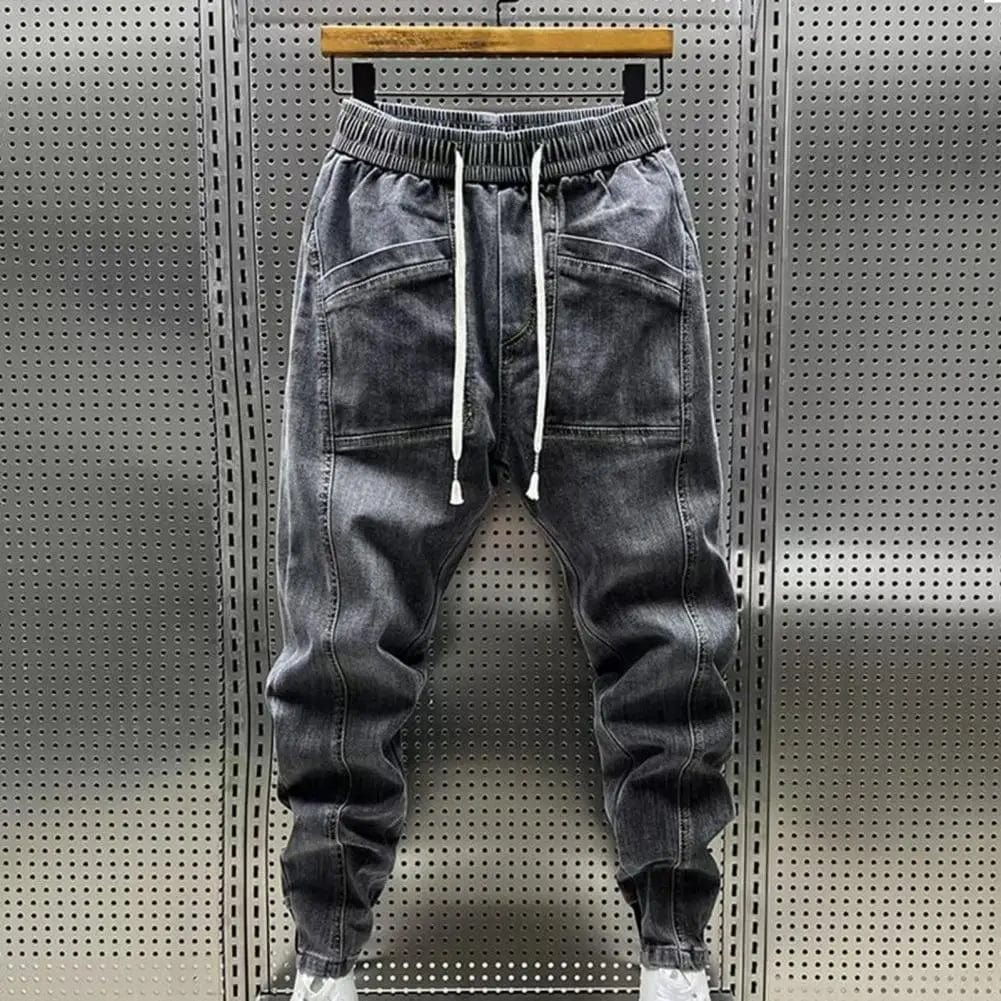  Showlu Fashion Store Elastic Waist Jeans Men's Elastic Drawstring Waist Denim Cargo Pants With Pockets Solid Color Harem Trousers For Spring Autumn