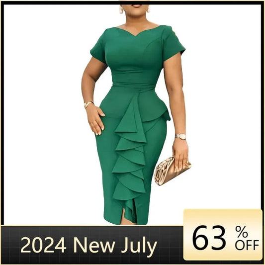 SHOWLU FASHION STORE Elegant African Dresses for Women 2024 Summer African Short Sleeve V-neck Polyester Bodycon Dress Gowns Outfits Africa Clothing