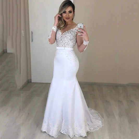 SHOWLU FASHION STORE Elegant O-Neck Mermaid Wedding Dresses with Lace Appliques and Long Sleeves Customized