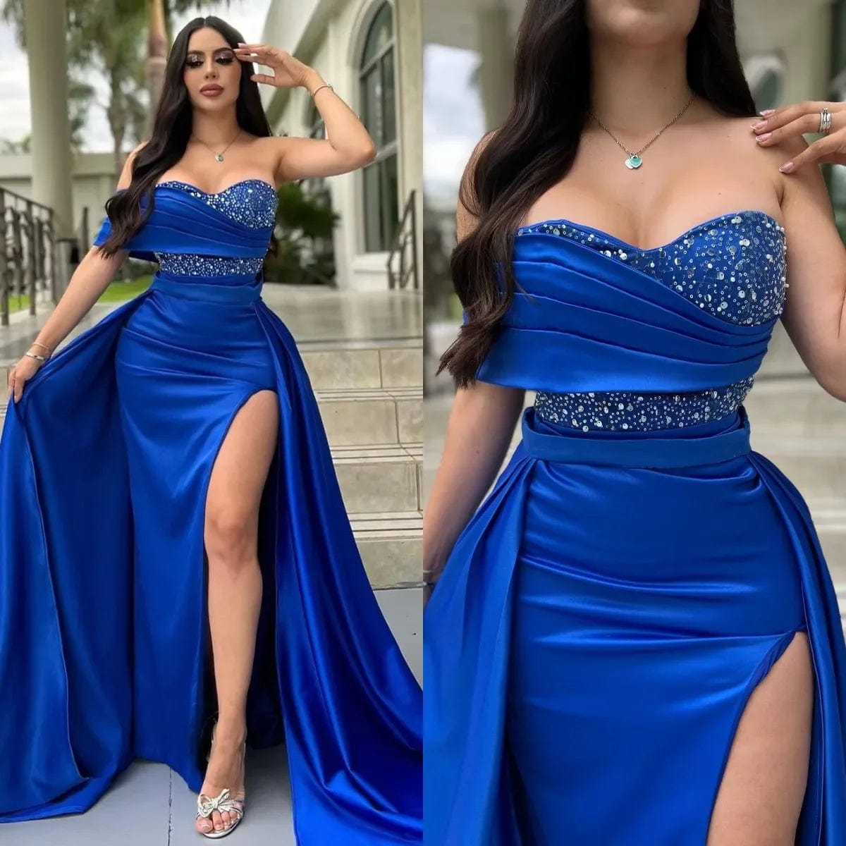 SHOWLU FASHION STORE Elegant Royal Blue Mermaid Evening Dresses Detachable Overskirts Sequins Sweetheart Split Party Prom Dress for Special Occasion