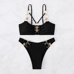  Showlu Fashion Store Elegant Two-Piece Hollow Metal Ring Bikini