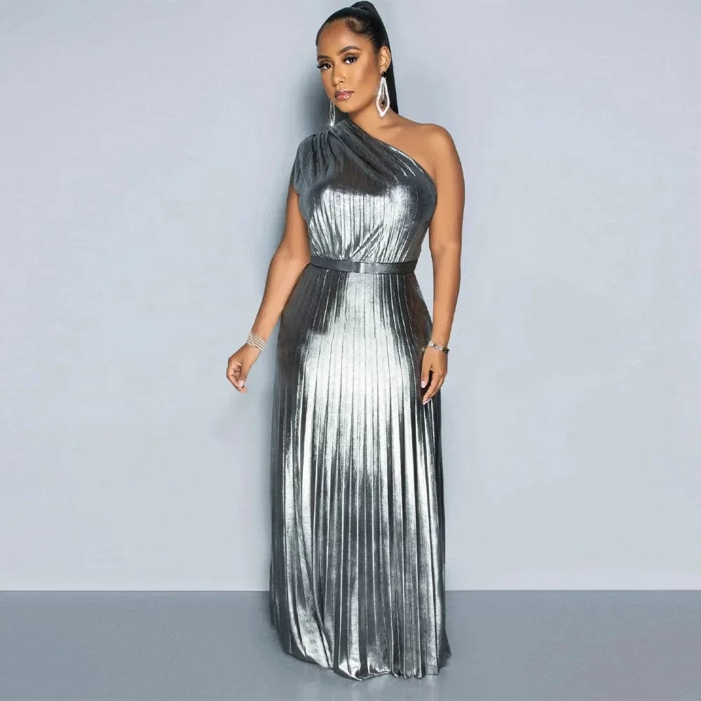 SHOWLU FASHION STORE Elegant Women Even Dresses Luxury Maxi Long Metallic Pleated Dress One Shoulder Sleeveless Premium Shiny Shimmer Gowns