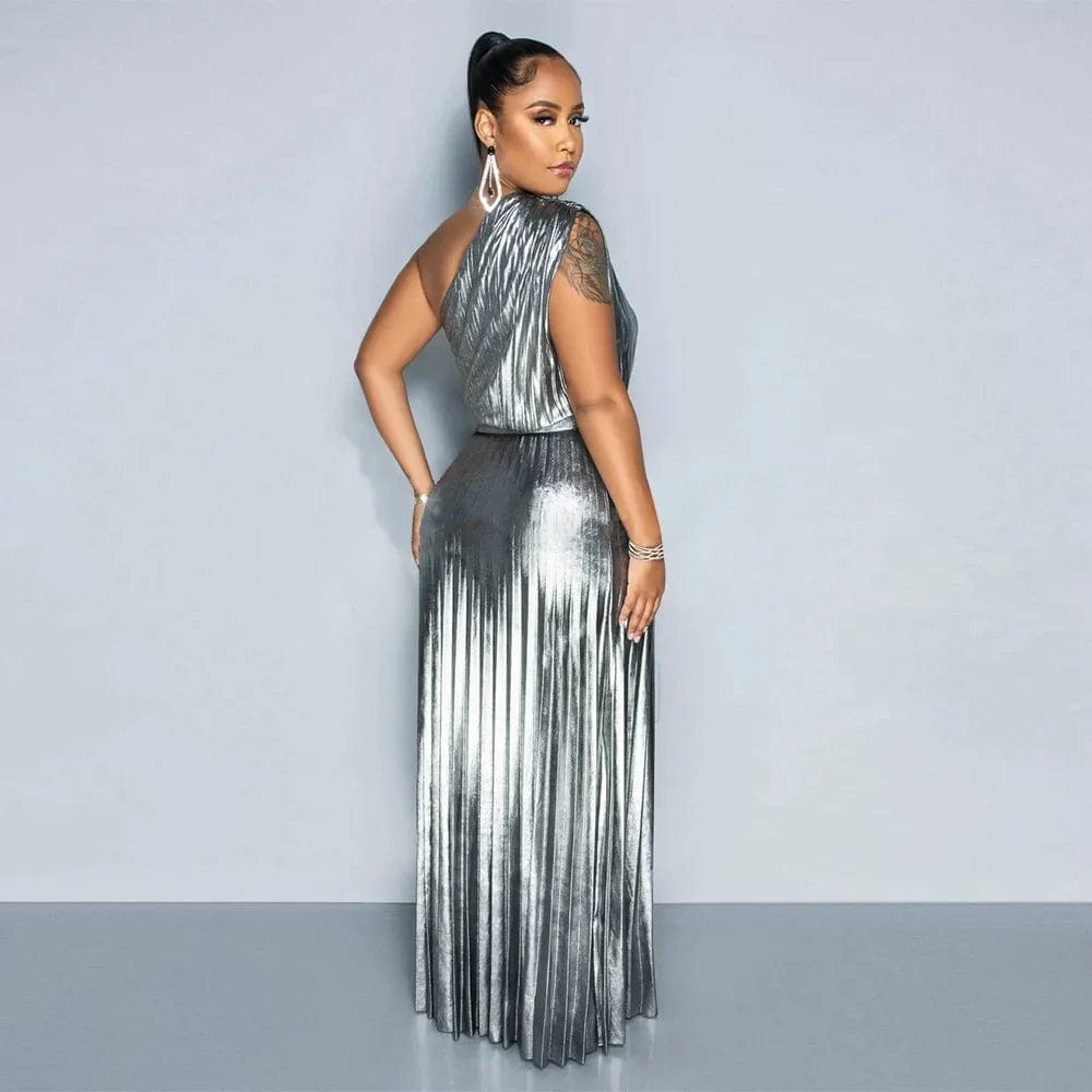 SHOWLU FASHION STORE Elegant Women Even Dresses Luxury Maxi Long Metallic Pleated Dress One Shoulder Sleeveless Premium Shiny Shimmer Gowns