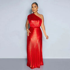 SHOWLU FASHION STORE Elegant Women Even Dresses Luxury Maxi Long Metallic Pleated Dress One Shoulder Sleeveless Premium Shiny Shimmer Gowns