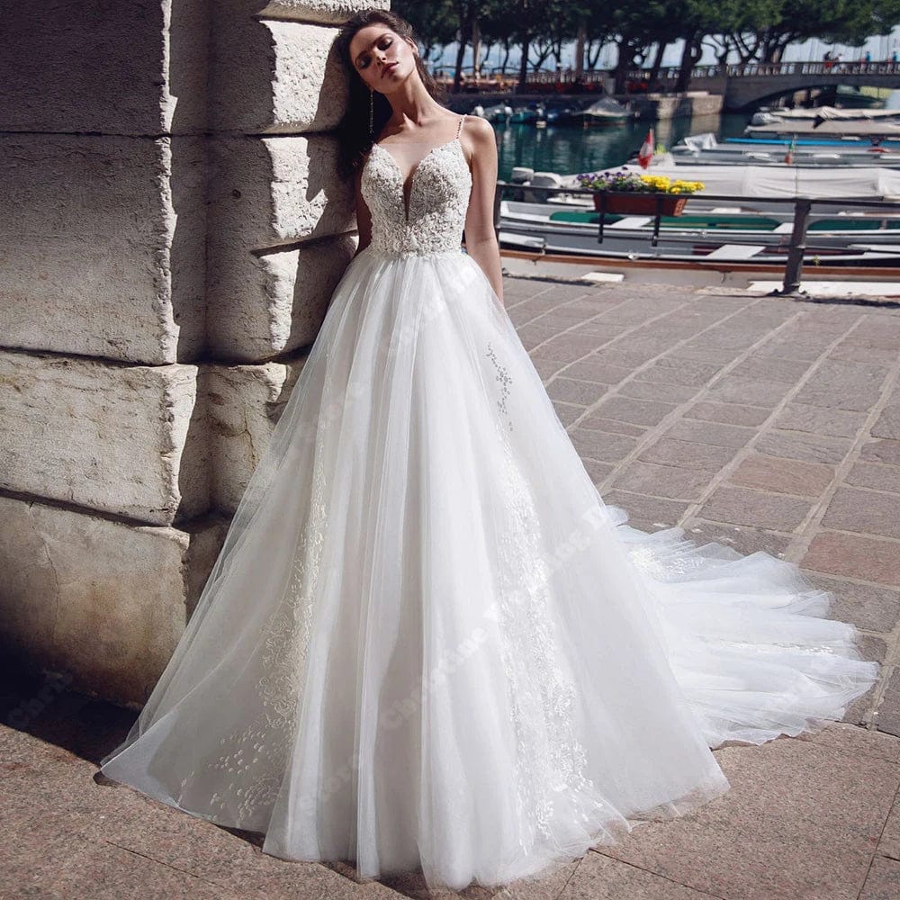  Showlu Fashion Store Elegant  Women Wedding Dresses Sexy Sleeveless Custom Made A-Line Bridal Gowns Mopping Length Princess Boho Vestidos De Novias