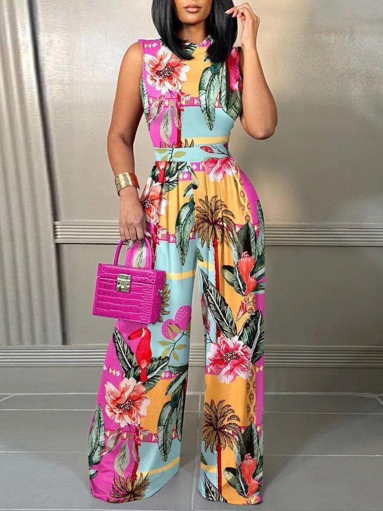 SHOWLU FASHION STORE Elegant Women Wide Leg Long Juumpsuit 2024 Spring Summer Fashion Printed Sleeveless Casual Holiday Bodysuits Jumpsuits Trousers