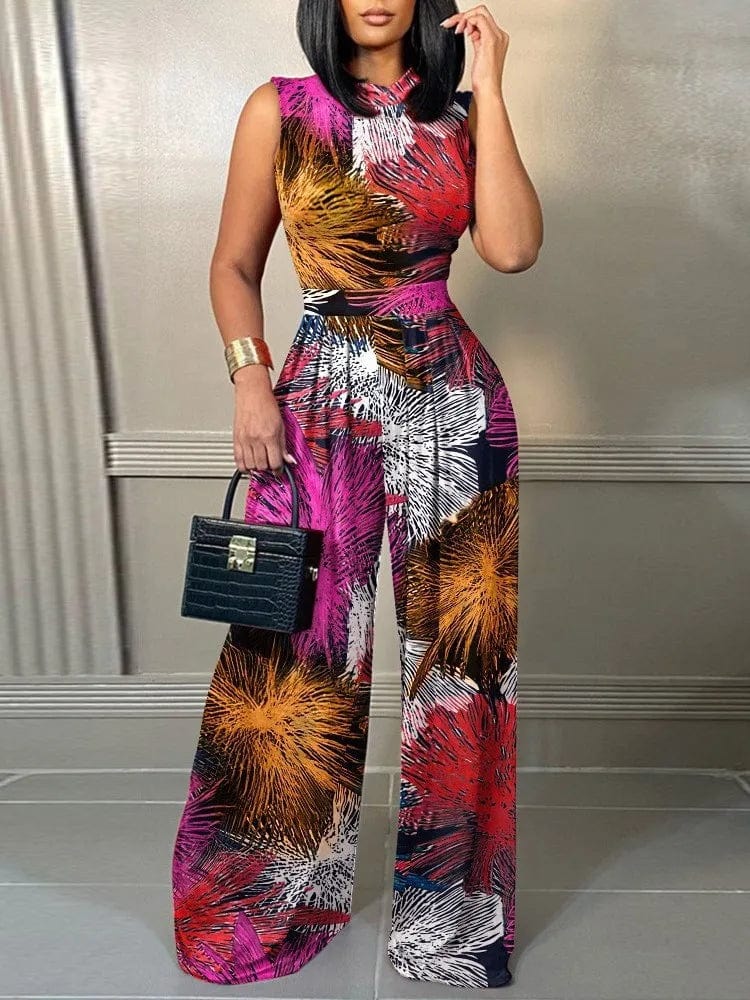 SHOWLU FASHION STORE Elegant Women Wide Leg Long Juumpsuit 2024 Spring Summer Fashion Printed Sleeveless Casual Holiday Bodysuits Jumpsuits Trousers