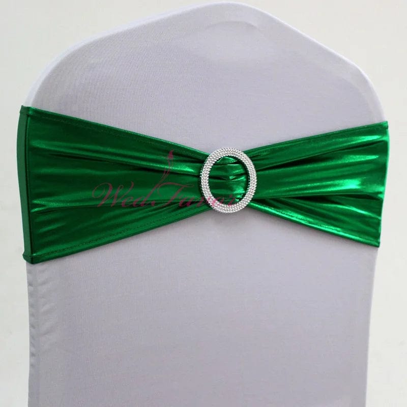 Showlu Fashion Store Emerald Green / 10 pcs 10pcs/50pcs Metallic Gold Silver Stretch Spandex Chair Bow Sash Band With Round Buckle For Banquet Event Wedding Chair Sash Tie