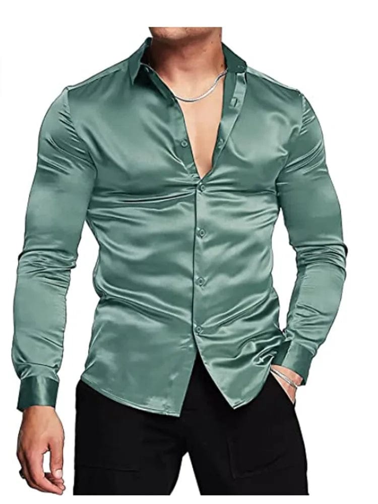 Showlu Fashion Store Emerald / XXXL 2023 New business gentleman social fashion design shirt top Men's satin party slim-fit dress shirt