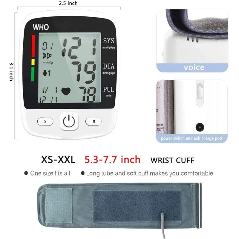 SHOWLU FASHION STORE TAKROL rechargeable wrist blood pressure monitor with digital LCD display and memory function.