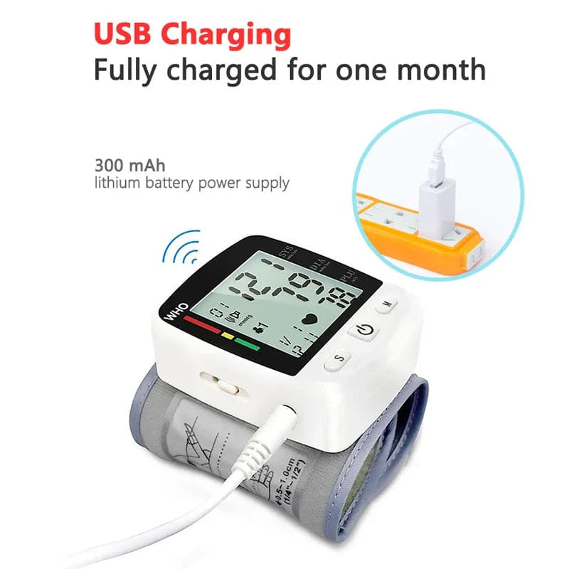 Rechargeable SHOWLU FASHION STORE wrist blood pressure monitor with LCD display, digital tensiometer, and memory function.