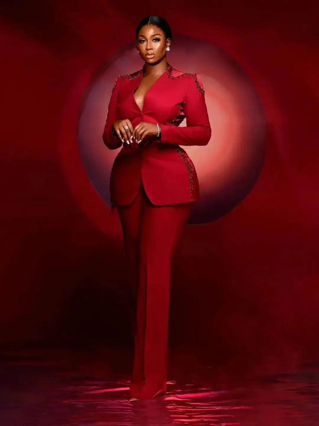 Women's 2-piece beaded V-neck suit by SHOWLU FASHION STORE, featuring a crystal beaded party prom dress with a single-breasted jacket.