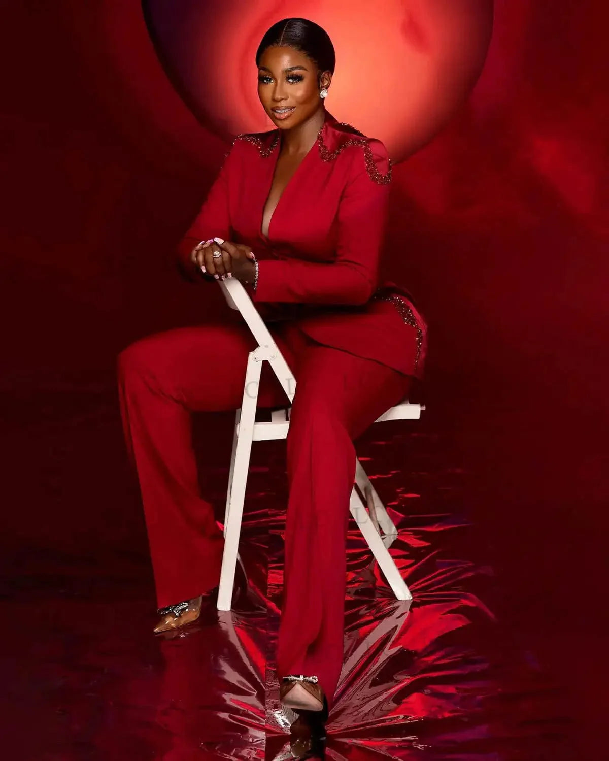 Women's beaded V-neck suit by SHOWLU FASHION STORE, featuring a crystal party prom dress and matching jacket in a stylish 2-piece set.