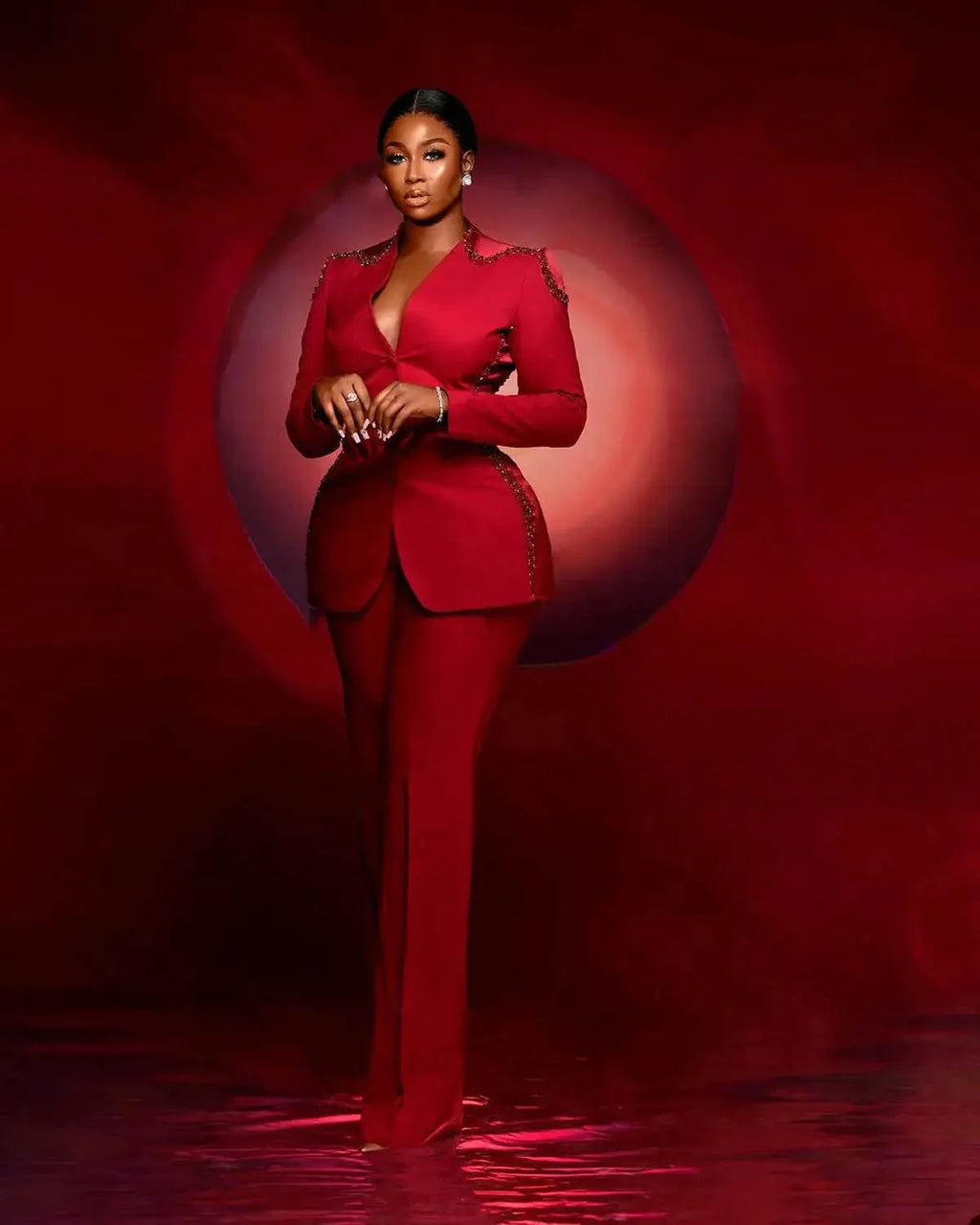 Elegant women's 2-piece beaded V-neck suit by SHOWLU FASHION STORE, featuring a crystal-embellished jacket and matching dress for parties.