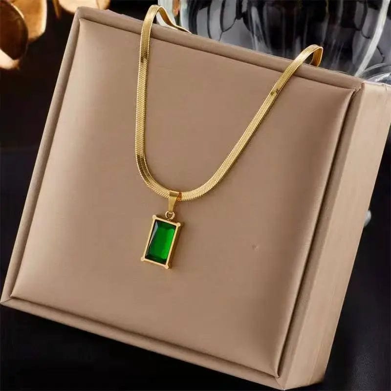  Showlu Fashion Store F / CHINA Vintage Rust Steel Zircon Necklace Flat Snake Bone Chain Blade Chain Square Emerald Pendant Necklace Women Dropshipping