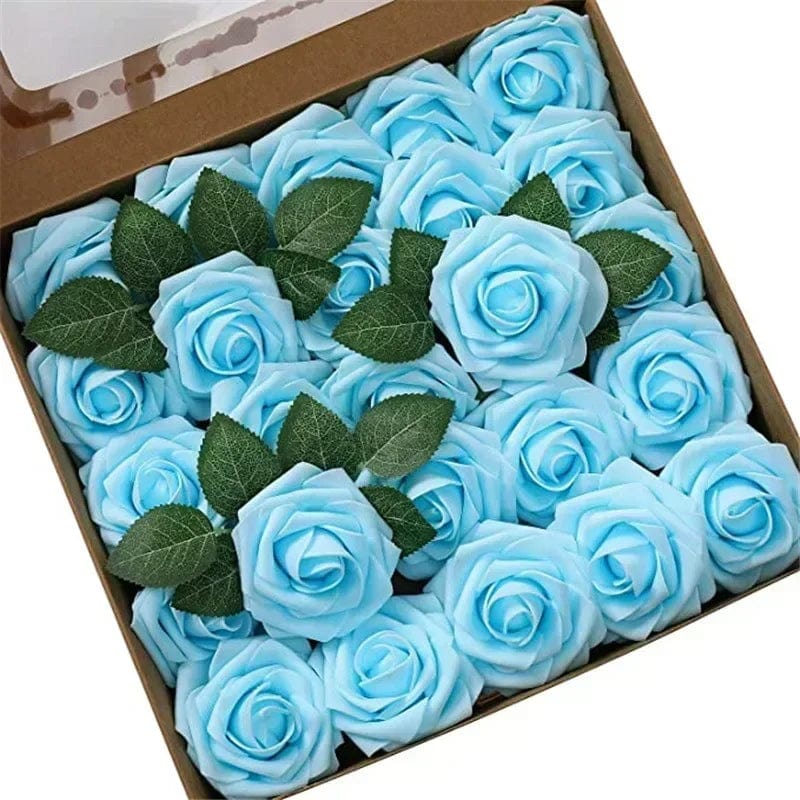 Showlu Fashion Store F01 blue / 25pcs no box leaves 10/25/50Pcs Artificial Rose Flowers Foam Fake Faux Flowers Roses for DIY Wedding Bouquets Party Home Decor Garden Decoration