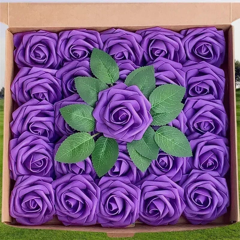 Showlu Fashion Store F01 dark purple / 25pcs no box leaves 10/25/50Pcs Artificial Rose Flowers Foam Fake Faux Flowers Roses for DIY Wedding Bouquets Party Home Decor Garden Decoration