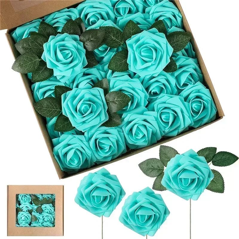 Showlu Fashion Store F01 difuni blue / 10pcs no box leaves 10/25/50Pcs Artificial Rose Flowers Foam Fake Faux Flowers Roses for DIY Wedding Bouquets Party Home Decor Garden Decoration