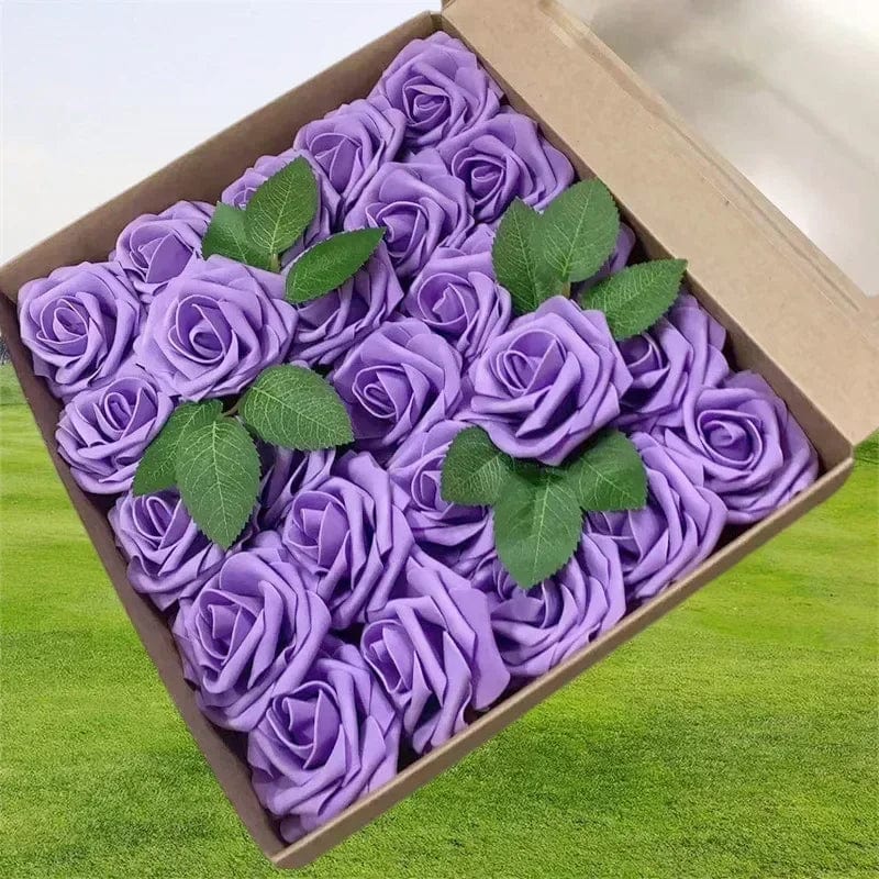 Showlu Fashion Store F01 purple / 25pcs no box leaves 10/25/50Pcs Artificial Rose Flowers Foam Fake Faux Flowers Roses for DIY Wedding Bouquets Party Home Decor Garden Decoration