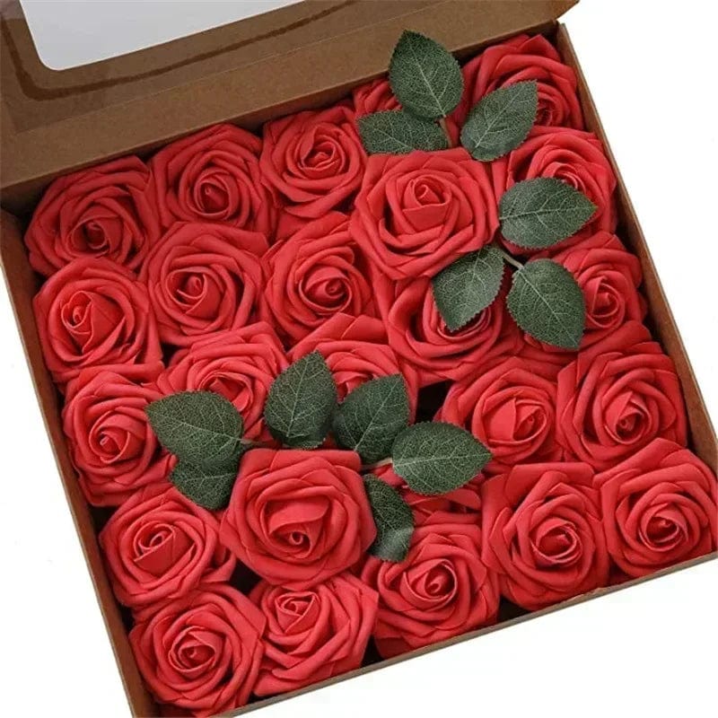 Showlu Fashion Store F01 red / 25pcs no box leaves 10/25/50Pcs Artificial Rose Flowers Foam Fake Faux Flowers Roses for DIY Wedding Bouquets Party Home Decor Garden Decoration