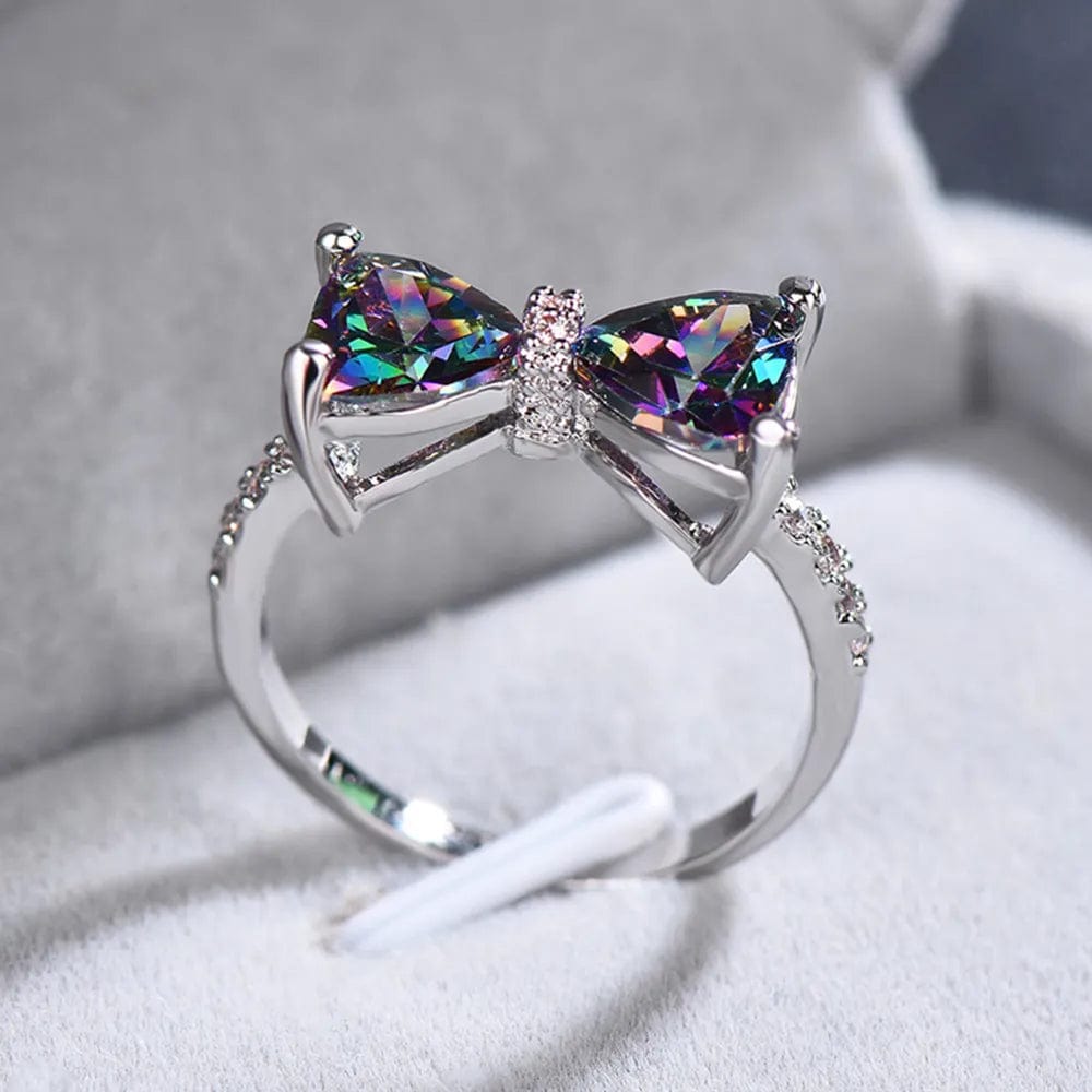  Showlu Fashion Store F1647 / 7 Huitan Personality Multi-colored CZ Bow Rings for Women Fancy Bride Wedding Ceremony Party Finger-ring Nice Gift Fashion Jewelry