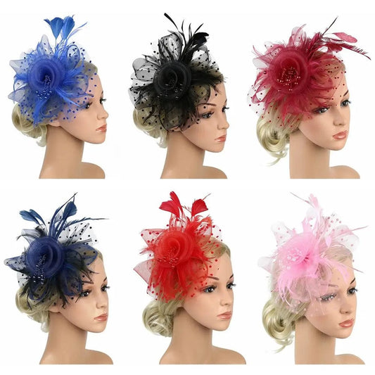  Showlu Fashion Store Fascinator Hat for Women Tea Party Headband Wedding Cocktail Mesh Flower Feathers Hair Clip