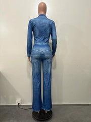  Showlu Fashion Store Fashion Blue Imitation Denim Jumpsuit Autumn Winter Women's Casual Commute Solid Color Straight Leg Jumpsuit Urban Style