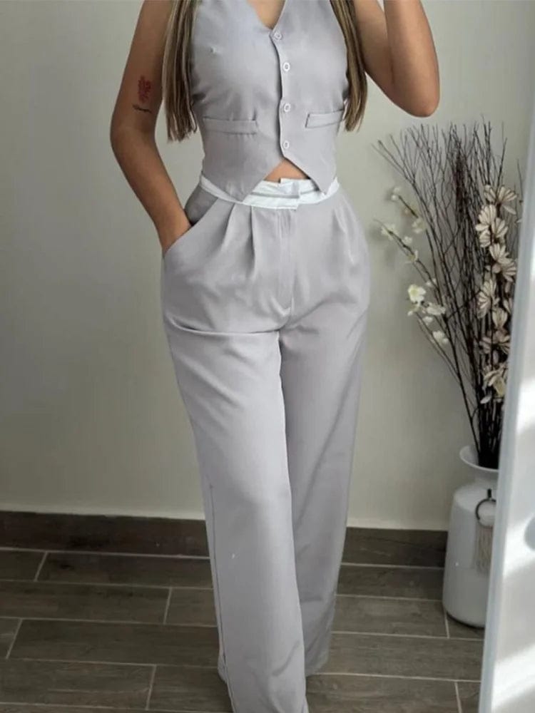 SHOWLU FASHION STORE Fashion Casual Sexy Elegant V Neck Buttoned Vest Top Two Piece Sets Solid Pocket Straight Pants Womens 2024 New Summer Pant Sets