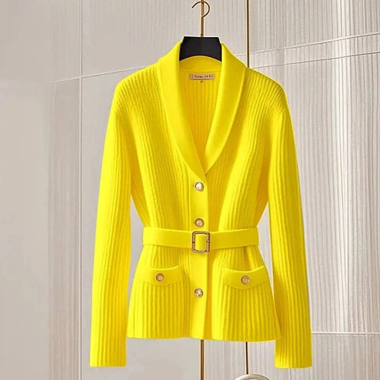 SHOWLU FASHION STORE Fashion Chic Yellow Knitted Cardigan Sweater Small Fragrant Women Spring Autumn Top Coat Femal Knitwear Match Belt 2025 NEW