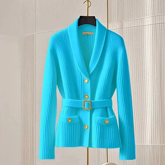 SHOWLU FASHION STORE Fashion Chic Yellow Knitted Cardigan Sweater Small Fragrant Women Spring Autumn Top Coat Femal Knitwear Match Belt 2025 NEW