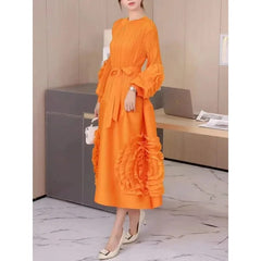 SHOWLU FASHION STORE Fashion Design Pleated Evening party Dress Women Mesh Floral Spliced Belt Gathered Waist Solid Color Dresses Elegant 2024 New