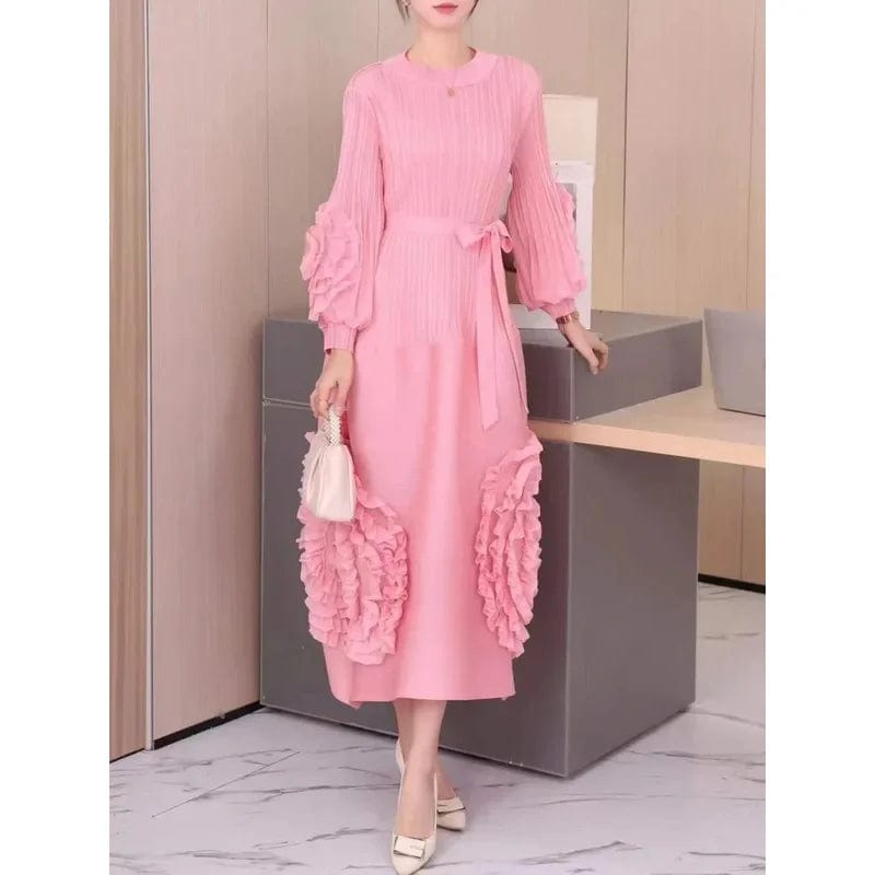 SHOWLU FASHION STORE Fashion Design Pleated Evening party Dress Women Mesh Floral Spliced Belt Gathered Waist Solid Color Dresses Elegant 2024 New