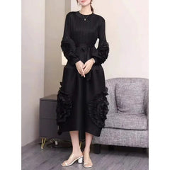 SHOWLU FASHION STORE Fashion Design Pleated Evening party Dress Women Mesh Floral Spliced Belt Gathered Waist Solid Color Dresses Elegant 2024 New