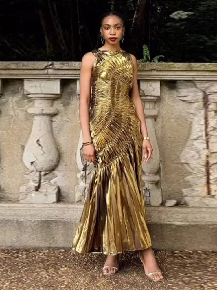 SHOWLU FASHION STORE Fashion Gold Sequins Pleated Long Dess Women's Round Neck Sleeveless High Waist Slim Dresses Fashion Elegant Party Evening Robe