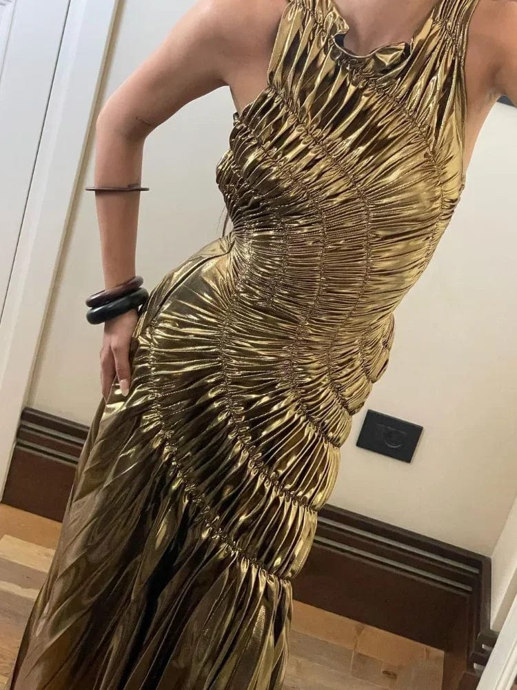 SHOWLU FASHION STORE Fashion Gold Sequins Pleated Long Dess Women's Round Neck Sleeveless High Waist Slim Dresses Fashion Elegant Party Evening Robe