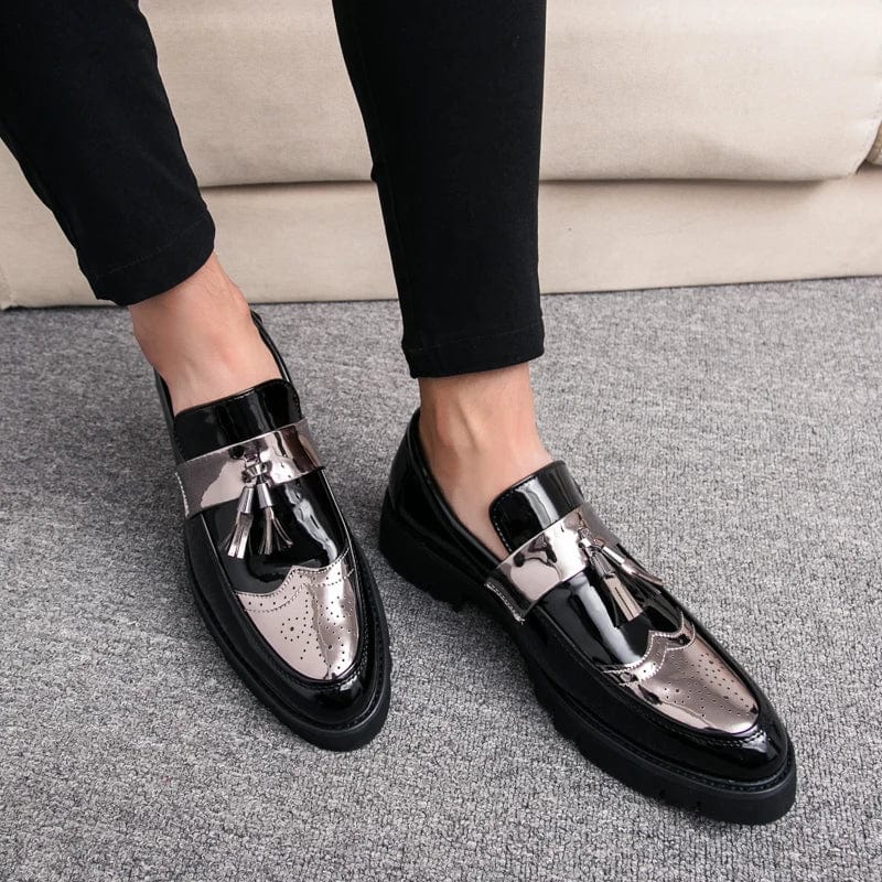  Showlu Fashion Store Fashion Golden Men's Casual Slip-On Tassel Patent Loafers Thick Bottom Elevator Shoes Men's Party Shoes Business Shoes Brogue