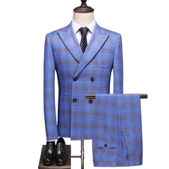 SHOWLU FASHION STORE Fashion New Men Double Breasted Plaid Suit Coat Pants 2 Pcs Set / Male Slim Fit Business Wedding Blazers Jacket Trousers