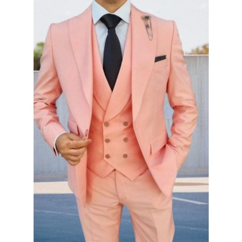  Showlu Fashion Store Fashion Peach Men Suits Three Piece Set Wedding Party Tuxedos Blazer Vest Pant Gift For Boy Men's Clothing Suit