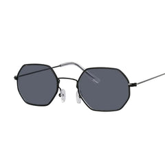 Women's small octagonal sunglasses with a thin black metal frame and dark grey lenses.