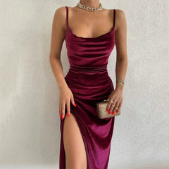  Showlu Fashion Store Fashion Style Elegant Cross-Border Women's Clothing Summer New Sexy Slim Fit Slit Velvet Spaghetti Straps Party Dress Dress