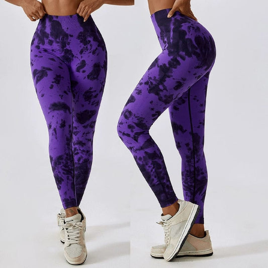  Showlu Fashion Store Fashion Tie Dye Seamless High Waist Yoga Pants Peach Hip Raise Fitness Pants Running Sports Tight Pants