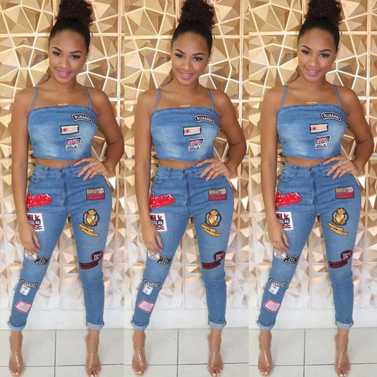  Showlu Fashion Store Fashion Women's Jeans Set Sexy Off Shoulder Strap Camisole Tops and High Waist Skinny Jean,Cartoon Sticker Jeans Casual Set