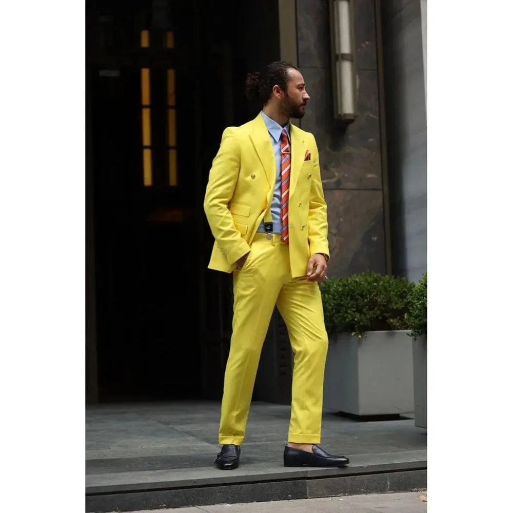 SHOWLU FASHION STORE Fashion Yellow Men's Suits Double Breasted Notch Lapel 2 Piece (Jacket+Pants) Costume Homme Wedding Party Office Blazer Set