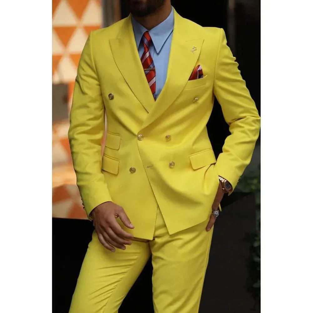 SHOWLU FASHION STORE Fashion Yellow Men's Suits Double Breasted Notch Lapel 2 Piece (Jacket+Pants) Costume Homme Wedding Party Office Blazer Set