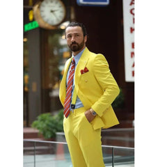 SHOWLU FASHION STORE Fashion Yellow Men's Suits Double Breasted Notch Lapel 2 Piece (Jacket+Pants) Costume Homme Wedding Party Office Blazer Set