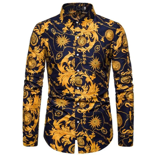 SHOWLU FASHION STORE Fashionable Men's Shirt Lapel Buttons Gold Pattern 3D Printed Casual Long Sleeve Shirt Fashionable Men's Shirt