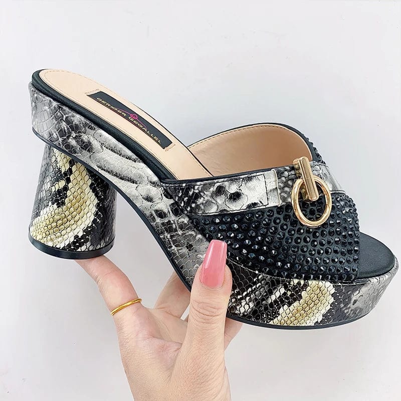  Showlu Fashion Store Fashionable Top Italian Designers 2023 Luxury Round Toe  Bright Diamond Snake Print Summer Women's Shoes With High Heels