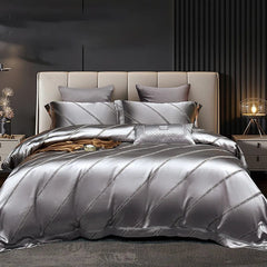 SHOWLU FASHION STORE Feilagemu-grey / 200x230cm 4pcs High End Mulberry S i l k Jacquard Bedding Set  4-piece Duvet Cover Set 200*230CM 220*240CM Flat Sheet Bedding